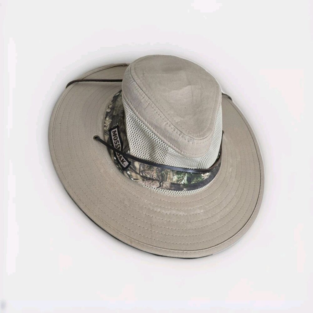 Mossy Oak Boonie Hat S/M Stretch Fit Wide Brim Beige Camo Leather Strap Safari